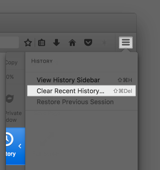 Screenshot of the Firefox menu, highlighting History, “Clear Recent History...”