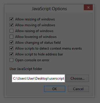 Screenshot of the “JavaScript Options” window, highlighting “User JavaScript folder”